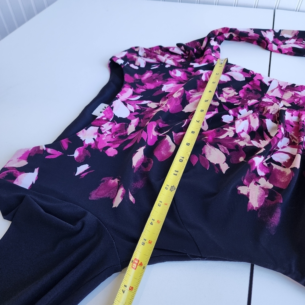 VTG Anne Klein Dress Ruched Black Pink Floral 3/4 Sleeves Stretch Womens Sz 2 - Picture 9 of 16